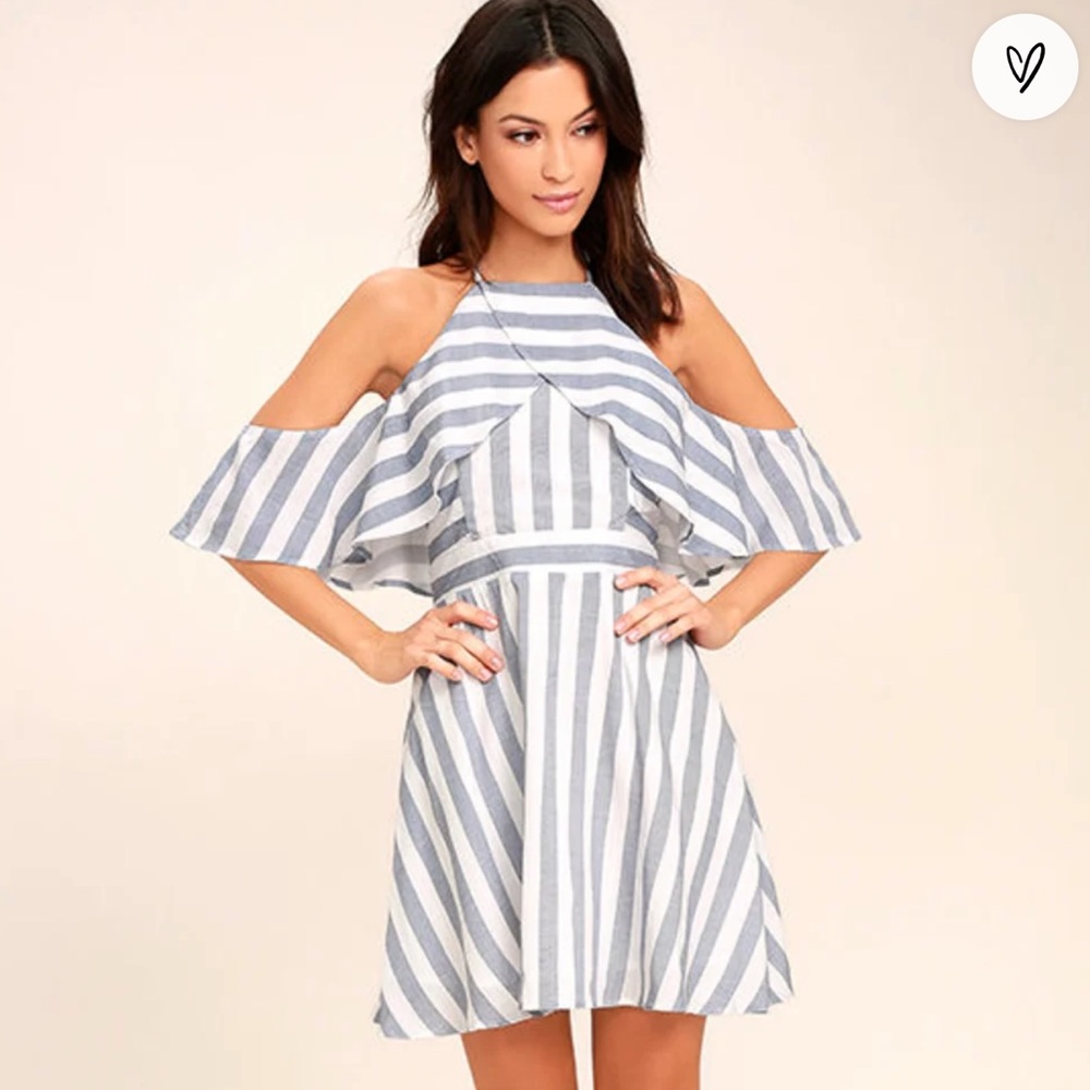 Lulu’s The Wind Is Right Blue and White Striped Off-the-Shoulder Dress *NWT*